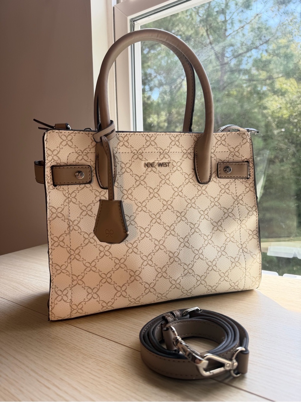Nine West Cream Patterned Satchel with Taupe Trim